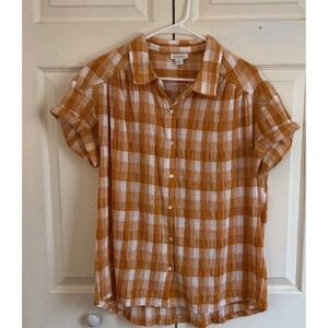 Sundance Womens Orange White Plaid Smocked Crinkle Short Sleeve Button Up Top M